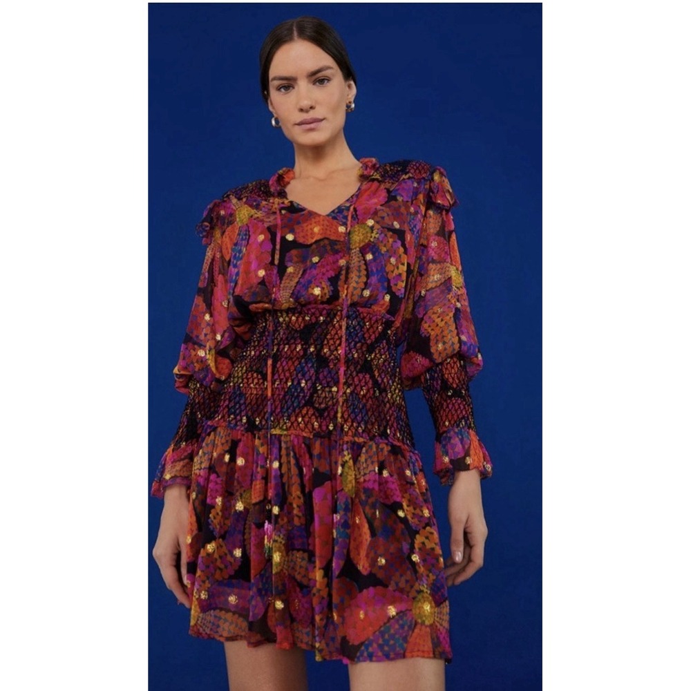 NWOT Farm Rio Heart Daisy Metallic Dot Mini Dress Sz S Colorful Smocked $295